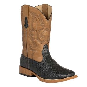 Roper Men's Black Ostrich Print w/Tan Top Double Welt Square Toe Western Boots (2019000050)