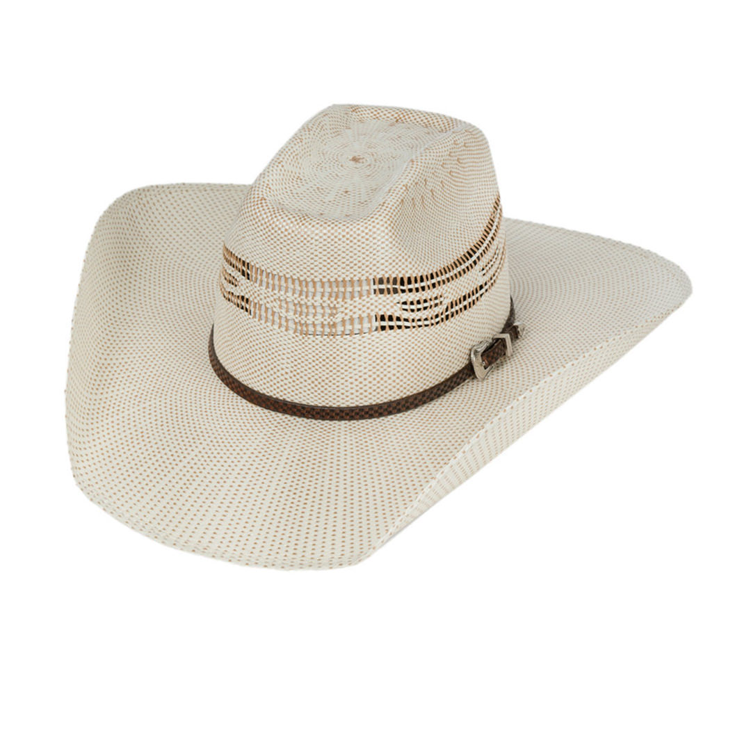 A white Bangora straw cowboy hat with brown leather hat band.