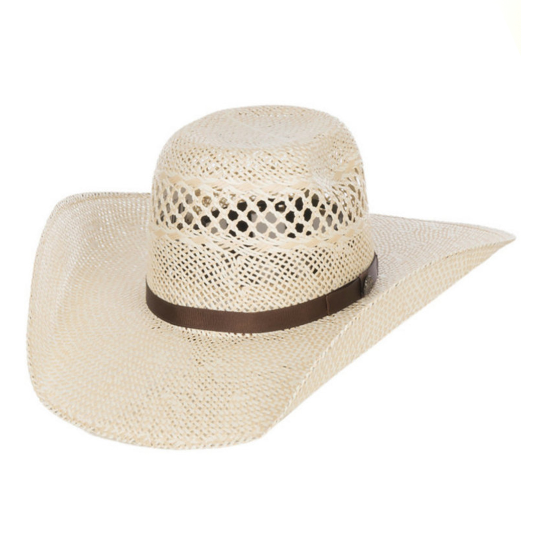 White Open Weave Straw Cowboy Hat with Brown Leather Band